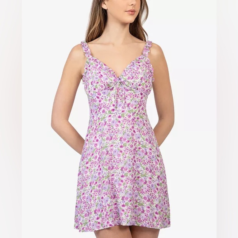 NWT B Darlin Floral Print Ruffle Poplin V Neck Spaghetti Strap Zip Mini Dress
